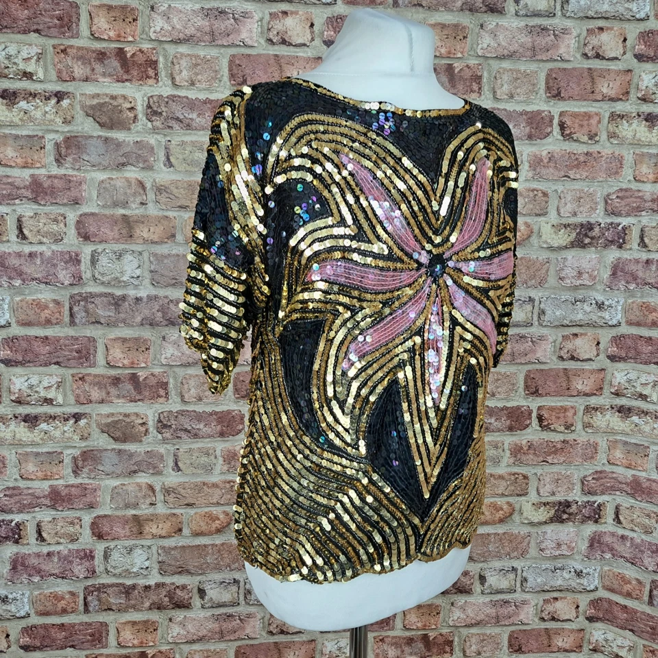 Jewel Queen Sequin Silk Blouse Top Size Small Black Gold Pink Flower Vintage - Image 4 of 4