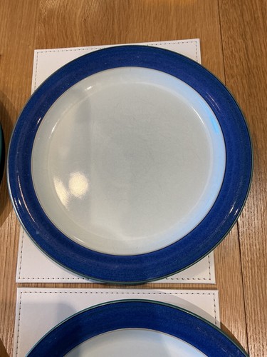 DENBY METZ SET OF 6 DINNER PLATES BLUE & WHITE WITH GREEN EDGE STONEWARE FAIR - Picture 7 of 23