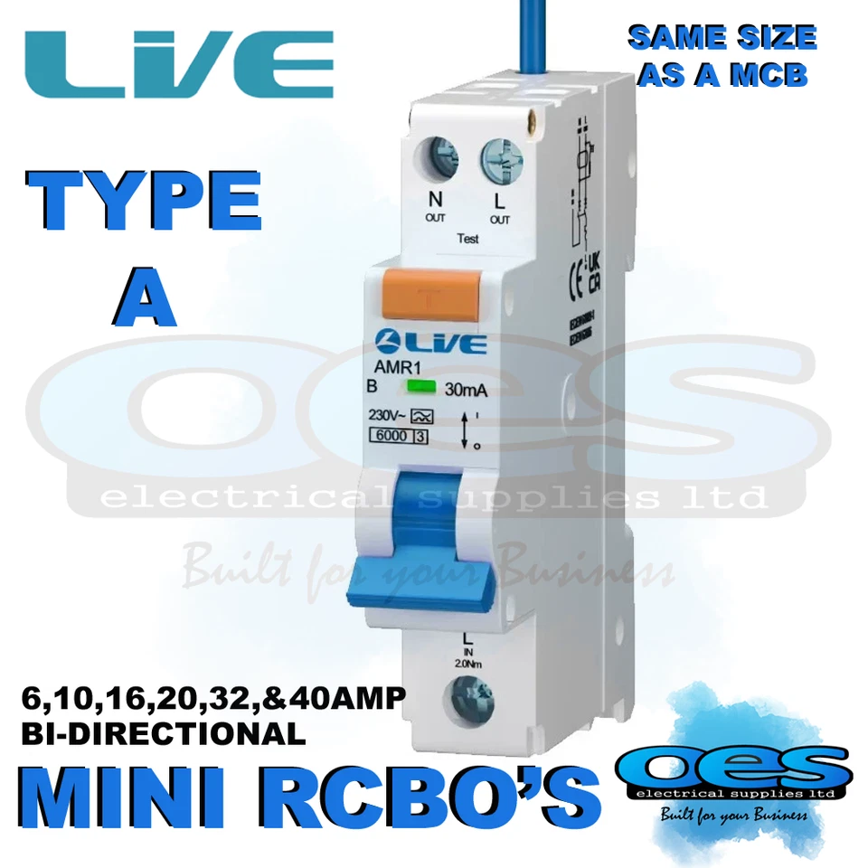 LIVE AMR BI-DIRECTIONAL TYPE A MINI RCBO SP B CURVE 30MA 6A 10A 16A 20A 32A 40A