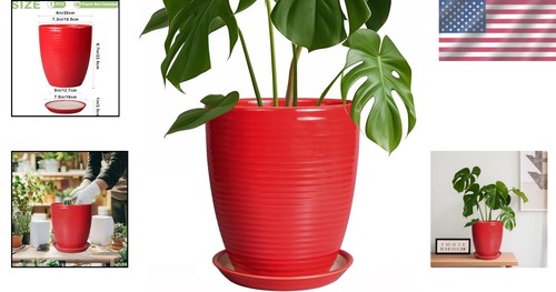 8-Inch Glossy Red Ceramic Pot with Drainage Hole for Indoor and Outdoor Plants - Picture 2 of 9