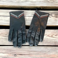 Ladies Vintage Black Leather Stripes Driving Gloves 6 1/2 Italy