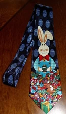 Happy Easter Big Easter Bunny With Basket Of Colored Eggs On A Navy Blue Tie!