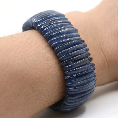 25mm Blue kyanite gemstone flat oval beads stretchable wide bracelet 6.5''