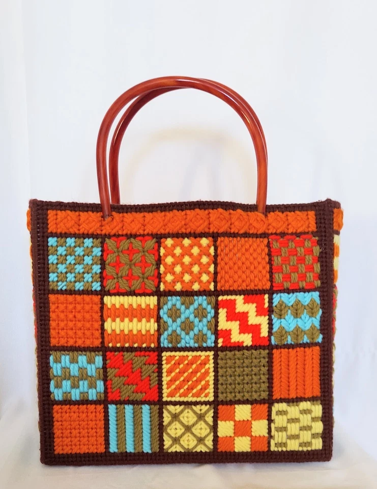 Patchwork Lucite Handle Design Vintage 1970s Canvas Handbag Tote - Image 3 of 4