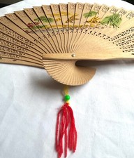 Vintage Japanese Wooden Folding Fan Hand Carved and Painted River Scene Red Tie