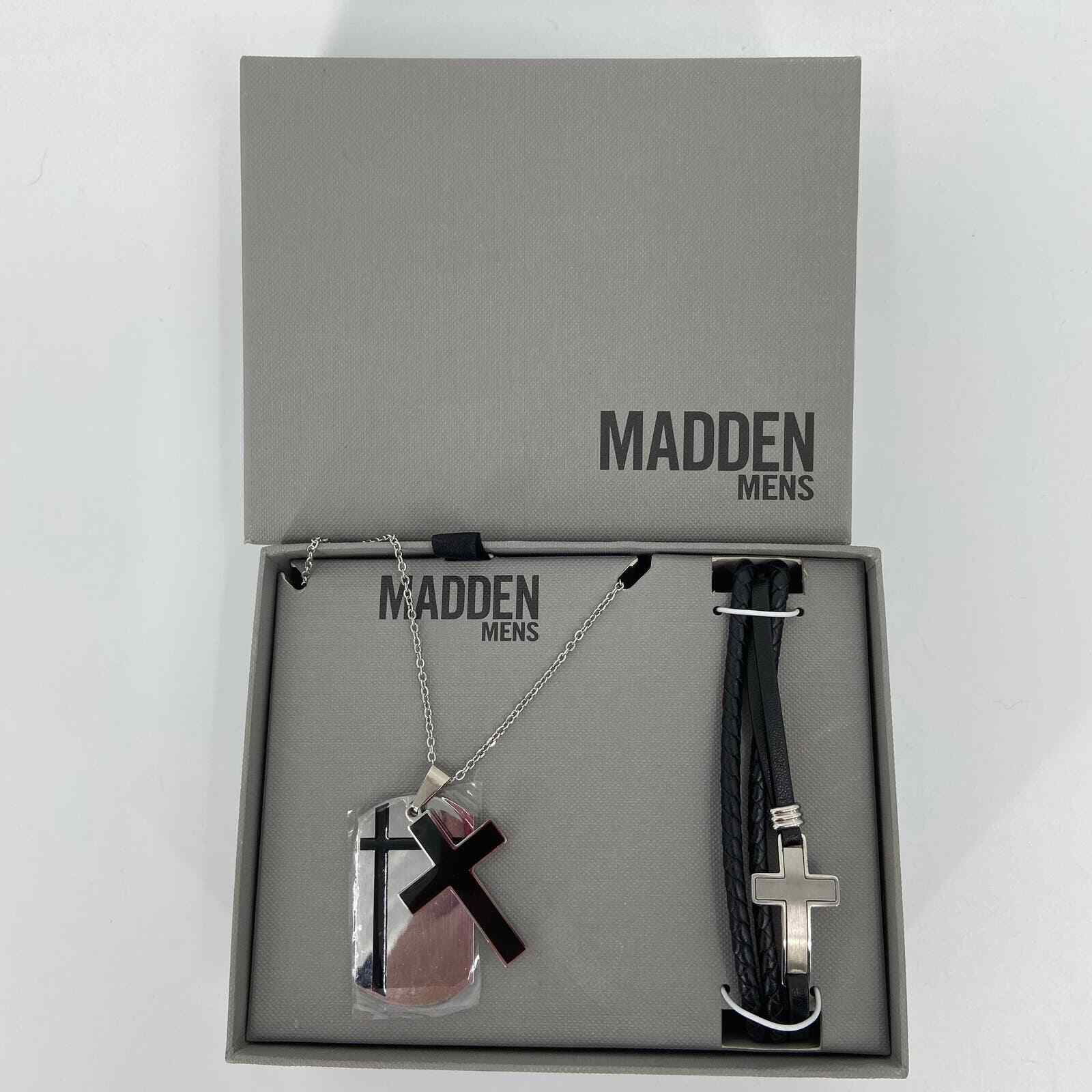 Steve Madden Men's Jewelry Gift Set Cross Necklace and Bracelet Silver Tone NEW