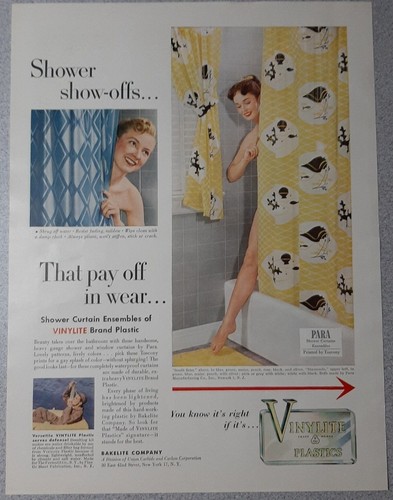 1951 Vinylite Plastics Vintage Print Ad Shower Curtain Pretty Lady Bakelite Para