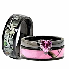 His, Her Black Pink Titanium Camo Heart Stainless Steel Engagement Wedding Rings