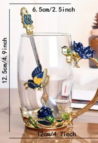 Coffee Cup Mug Blue Rose Flower Enamel Crystal Tea Cup Glass Tumbler 11.83 oz