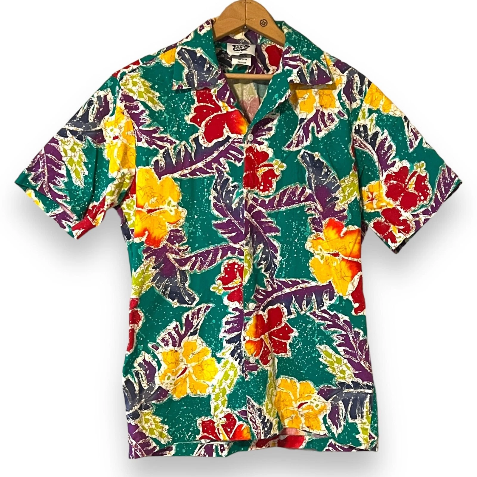 Hilo Hattie 90s Batik Floral Hawaiian Shirt Mens Medium Colorful Palm Tree Cotto