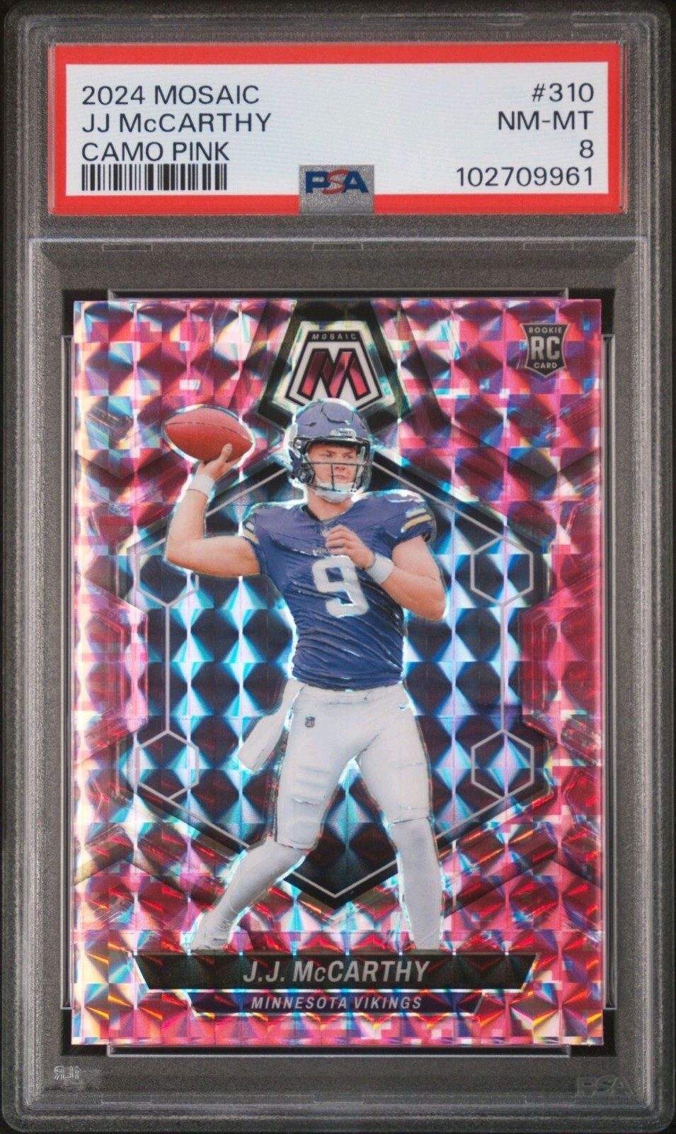 2024 Panini Mosaic #310 J.J. McCARTHY RC Pink Camo Parallel - Vikings PSA 8