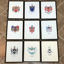 Original Hand Painted Family Crests Framed Rare Coat of Arms Paintings LOT OF 85