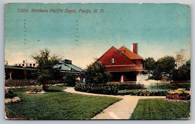 #ad Fargo North Dakota Northern Pacific Railway Depot Cass County 1913 Postcard $6.80