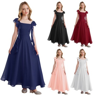 Kids Girls Ruffle Chiffon Flower Dress Pleated A-Line Wedding Junior Bridesmaid