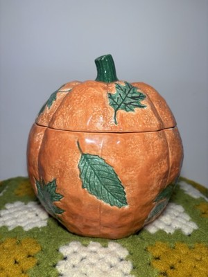 Pumpkin Cookie Jar Ceramic Large Green Leaves Stem Vintage Autumn Decor