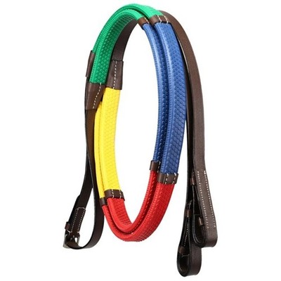 English Bridle Schooling Reins - Rainbow Rubber Grip - Black or Brown Leather