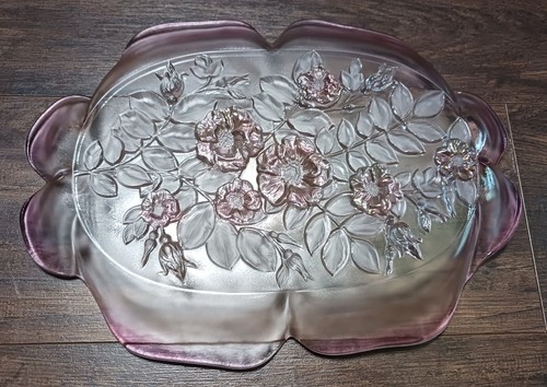 Vintage Art Glass Serving Tray Pink Embossed Floral Platter Decorative Plate - Picture 3 of 13