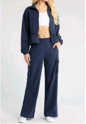 Beyond Yoga ~Woman Size L~ Navy Blue High Waisted Cargo Wide Leg Pants NEW $118