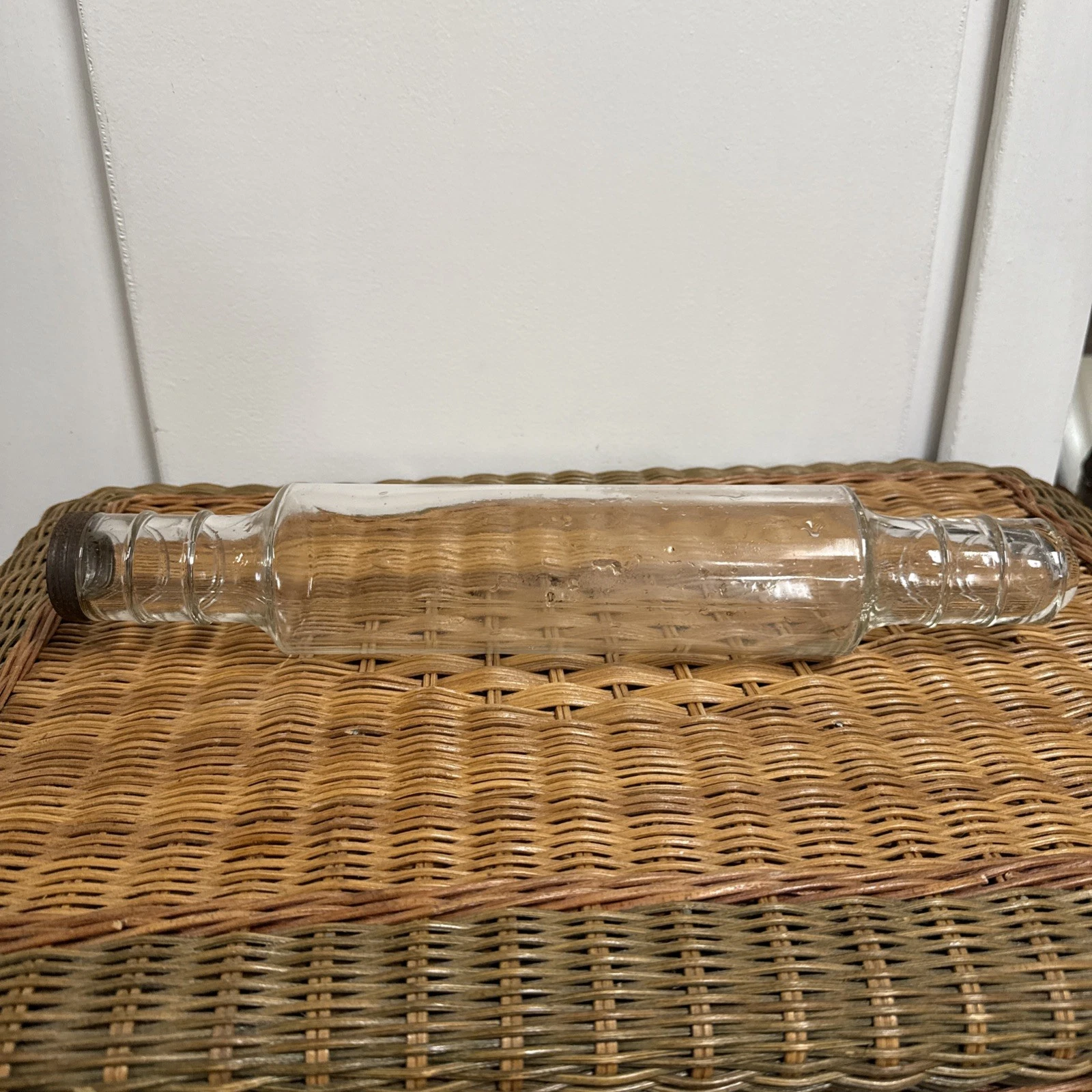 Vintage Clear Glass Rolling Pin Metal Lid 16 Inch long 3 Inch Diameter Lid Rust
