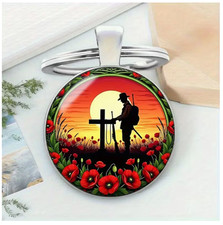 Remembrance Day Soldier at Grave Round Metal Keyring
