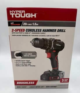 Hyper Tough 20V Max Brushless 2 Speed Cordless Hammer Drill W/ Battery&USB NEW