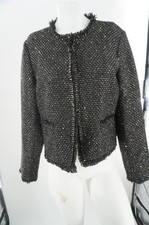 Elie Tahari Black Gold Metallic Tweed Fringe Trim Open Front Jacket Blazer Sz 12