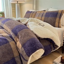 Plaid Sherpa Comforter Set 3Pcs Fluffy Warm Fleece Down Queen 90"x90" Khaki