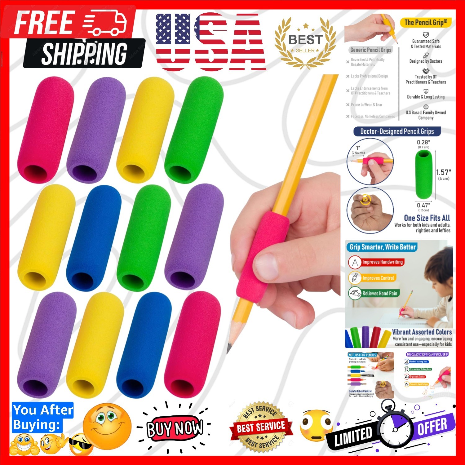 The Classics Soft Foam Pencil Grips, Ergonomic Writing Aid For Lefties And Ri...