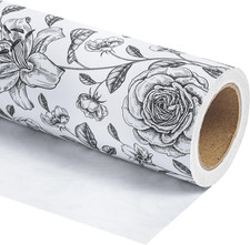 Kraft Floral Wrapping Paper Roll - Mini Roll - 17 Inch x 33 Feet - Vintage Black