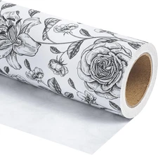 Kraft Floral Wrapping Paper Roll - Mini Roll - 17 Inch x 33 Feet - Vintage Black