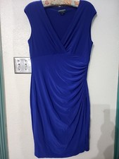 Ralph Lauren Blue Midi Long Sleeves dress sz 14 Wrap Style Stretch 