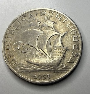 1933 PORTUGAL SILVER 5 ESCUDOS SAILING SHIP ME122