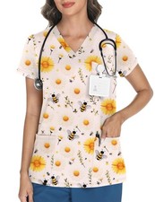 Scrubs for Women V Neck Print Scrub Tops Soft Knit Nurse Uniform Shirts with ...