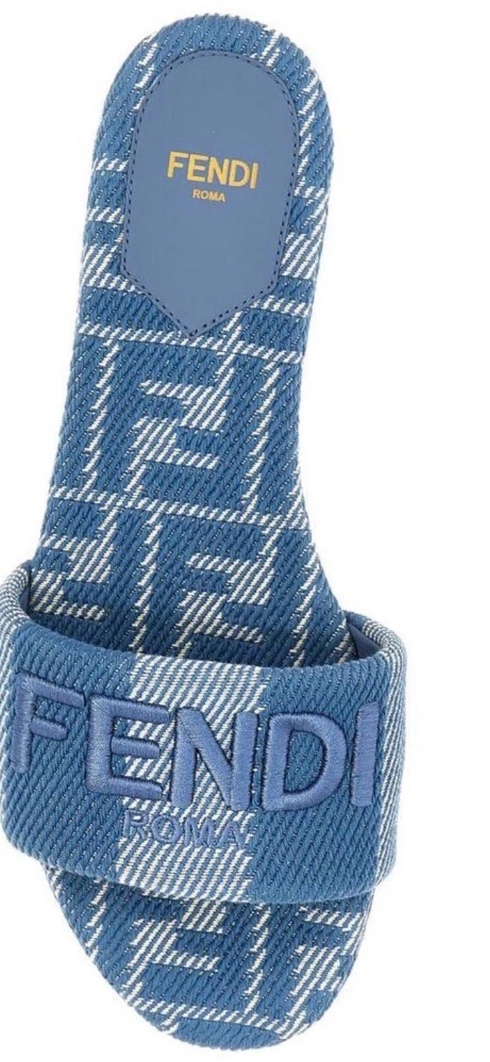 Fendi — Fendi Blue Denim Signature FF Monogram Logo Mule Slide US 7/EU 37