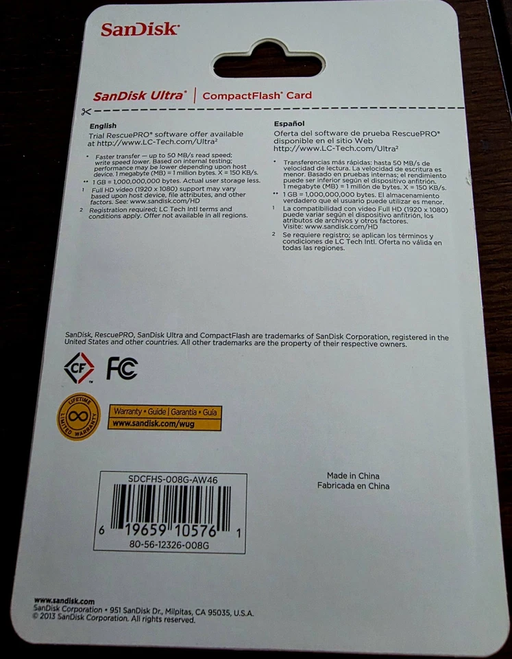 SanDisk Ultra 8GB Compact Flash Memory Card 50MB/s (SDCFHS-008G-AW46) (YY) - Image 2 of 2