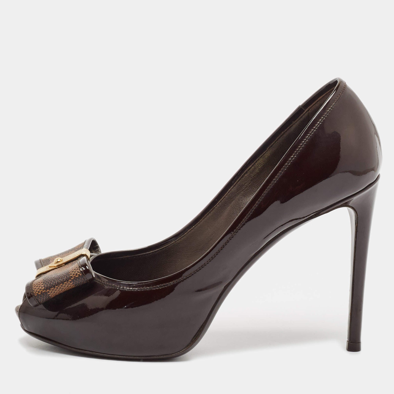 Louis Vuitton Brown Patent Leather Bow Peep Toe Pumps Size 37.5