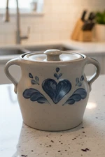 Vintage 1989 Rowe Pottery Works Salt Glaze Stoneware Bean Pot Crock w/ Lid Heart