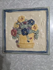 RPW Rowe Pottery Floral Basket Wall Decor Tile, Measures 10" x 10", Tan Glaze