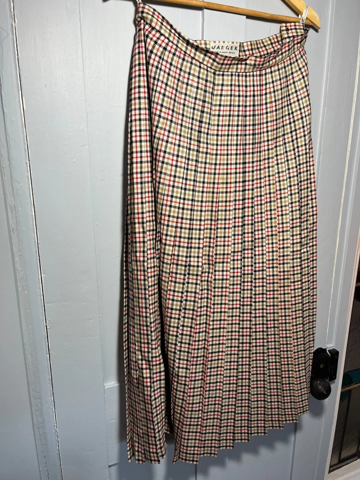 Vintage Classic Jaeger Beige Black and Red Checked Pleated Skirt UK 14 US 12 - Image 3 of 4