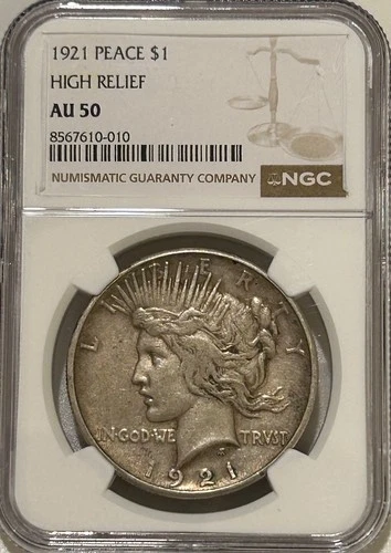 1921 P Peace Silver Dollar NGC AU50 Key Date High Relief Peace/Nice Patina