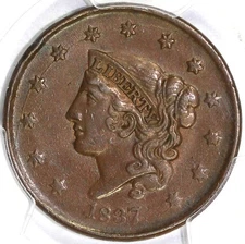 1837 1c Plain Cords Small Letters N-5 Matron Head Large Cent PCGS AU 55