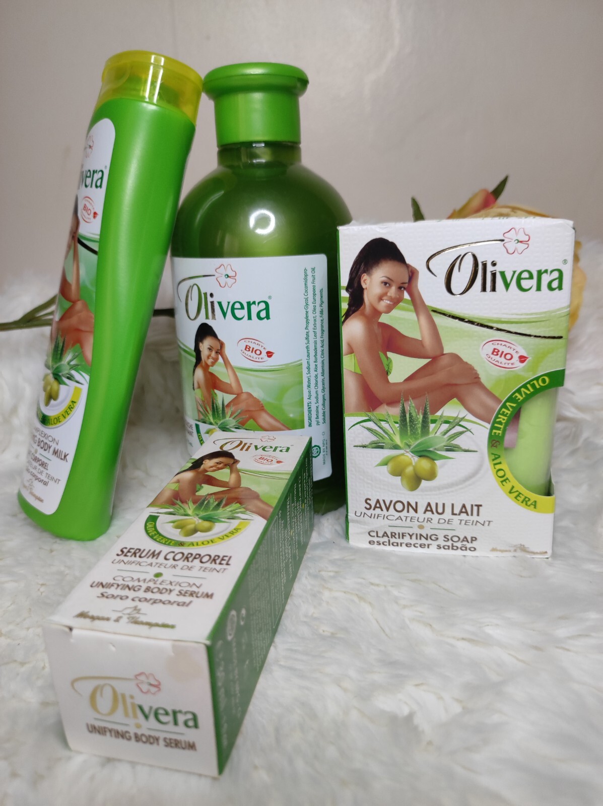 OLIVERA Complexion unifying Lotion 250ml, Serum, clarifying Soap