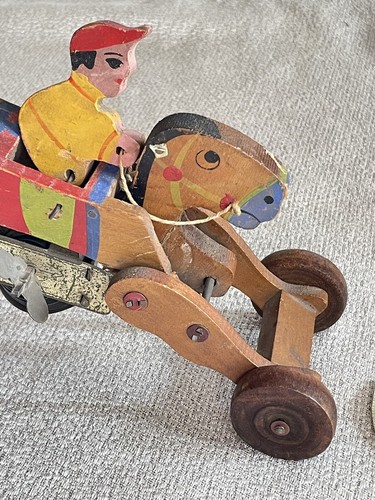 Vintage Made In Japan Wooden Wind Up Race Horse With Rider - Picture 2 of 14