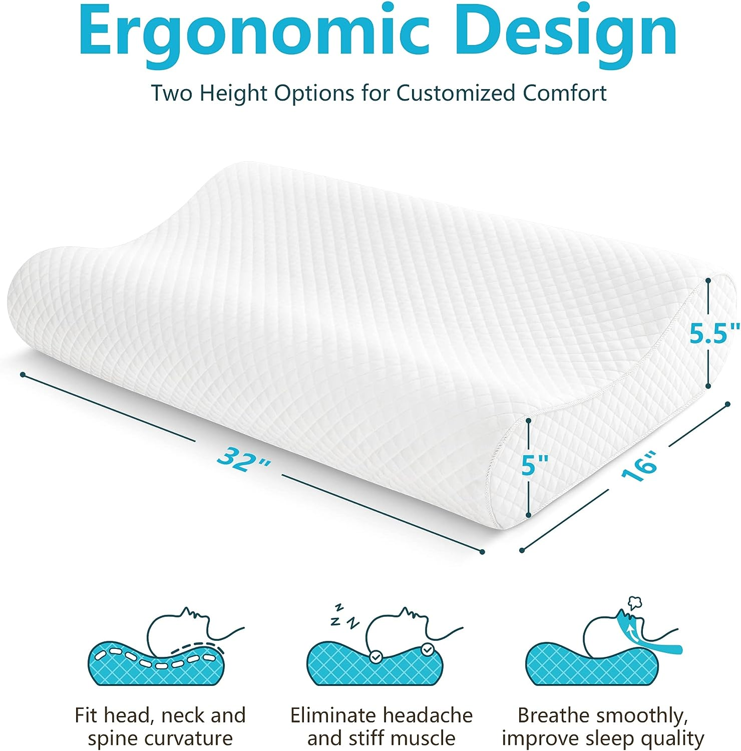 32" King Size Contour Memory Foam Pillow Cervical Pillow For Neck Pain