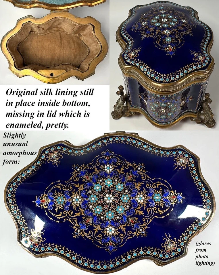 Large 6.5" Antique French Sevres or Bresse Kiln-fired Enamel Jewelry Box, "Gems" - Image 4 of 4