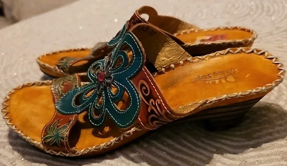 Spring Step Palace Heels Sandals EU37 US7-7.5 Leather Floral Turquoise Multi - Image 4 of 4