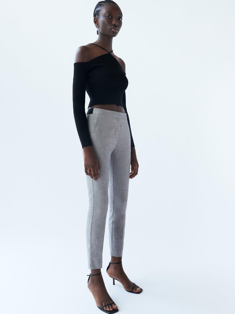 Zara Trousers Woman High Rise Pants Grey Tapered Elastic Waist