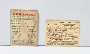 Vintage Arkansas Fishing License, Drivers License 1970