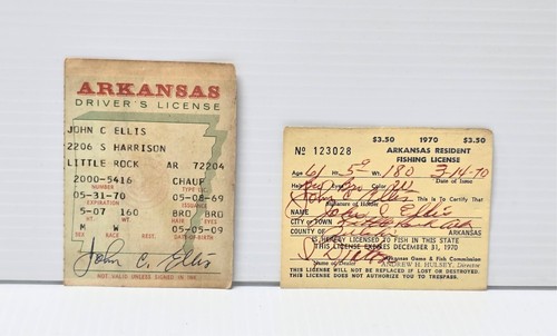 Vintage Arkansas Fishing License, Drivers License 1970