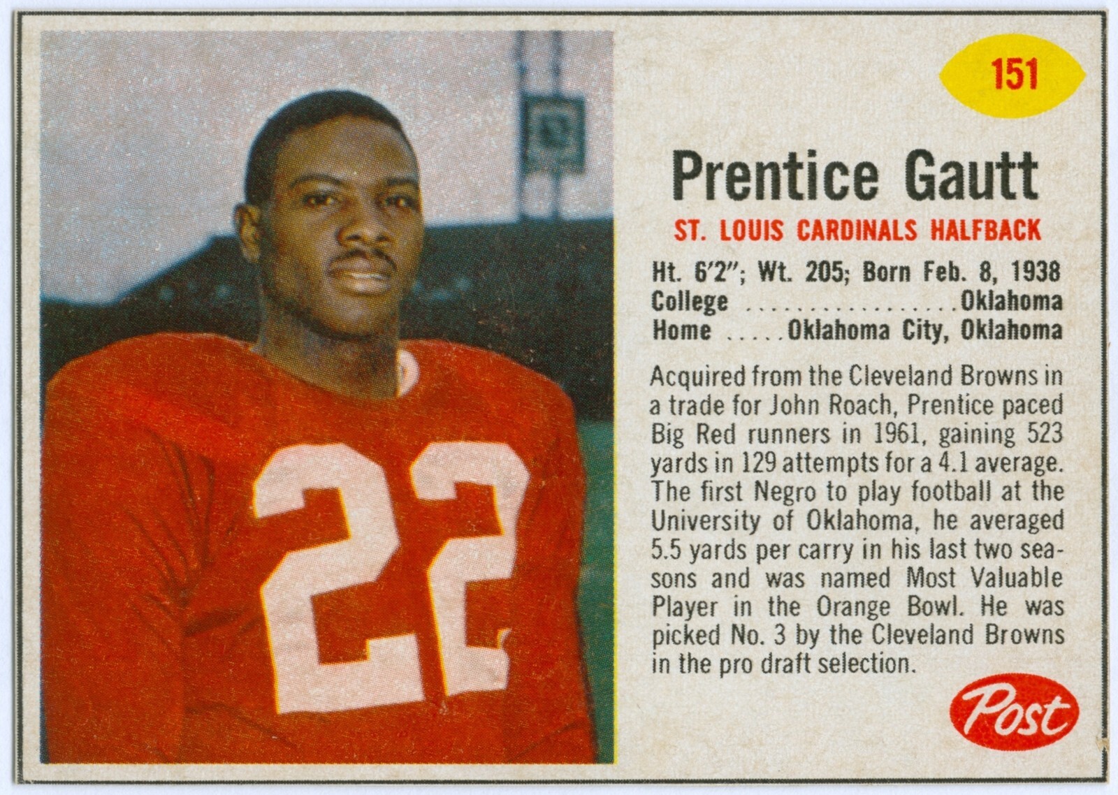 1962 Post football 151 Prentice Gautt Cardinals 100% black border FREE SHIPPING!